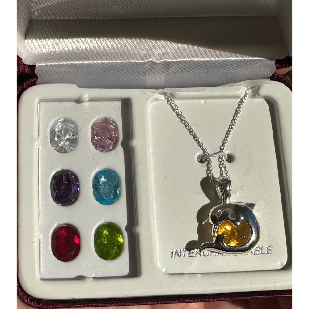 Sterling Silver Dolphin Interchangeable Gemstone Pendant Necklace Set 7 Stones